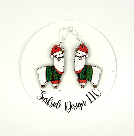 Christmas Llama with Red and Green Sweater Dangle Earrings