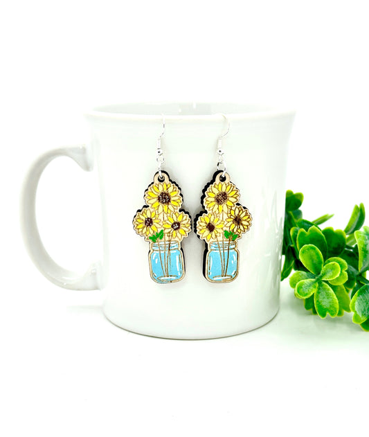 Sunflower Bouquet Mason Jar Dangle Earrings